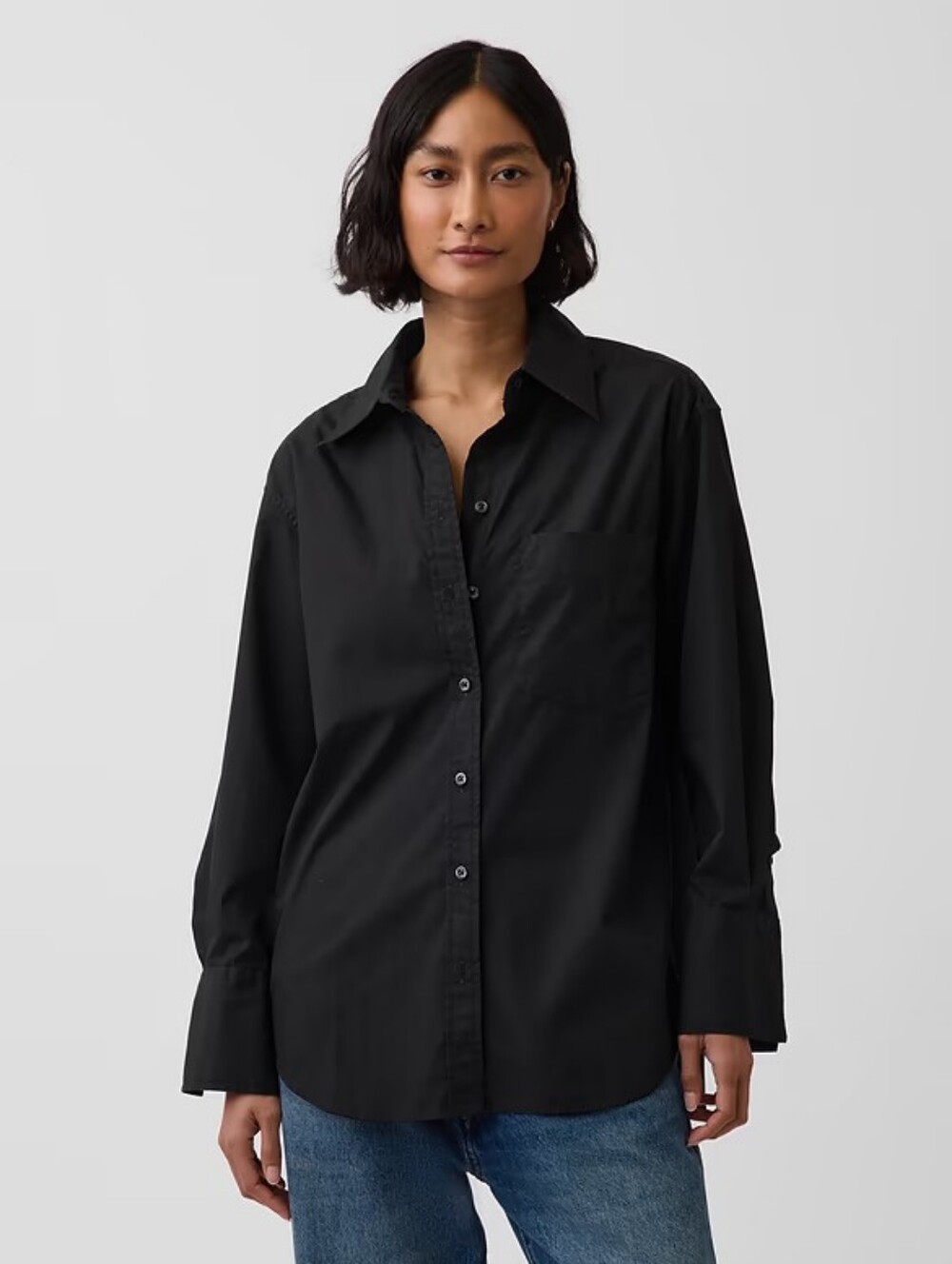 GAP Big Shirt In Organic Cotton Poplin, Black, 100% Cotton